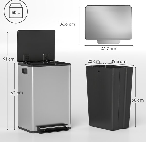 HOMCOM Pattumiera da 50 L a pedale, con secchio estraibile e chiusura soft, 41,7x36,6x62 cm, Argento | Aosom Italy