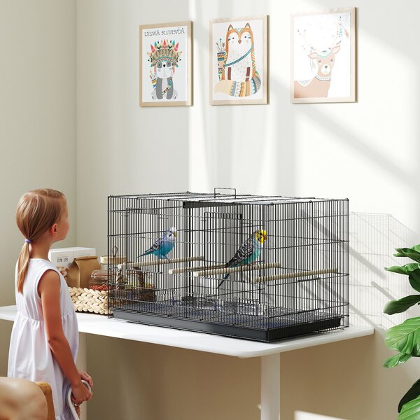 PawHut Gabbia per Uccelli con Divisore 4 Mangiatoie 4 Posatoi Vassoio Estraibile per Pappagalli Canarini Parrocchetti 76x46x46 cm Nero | Aosom Italy