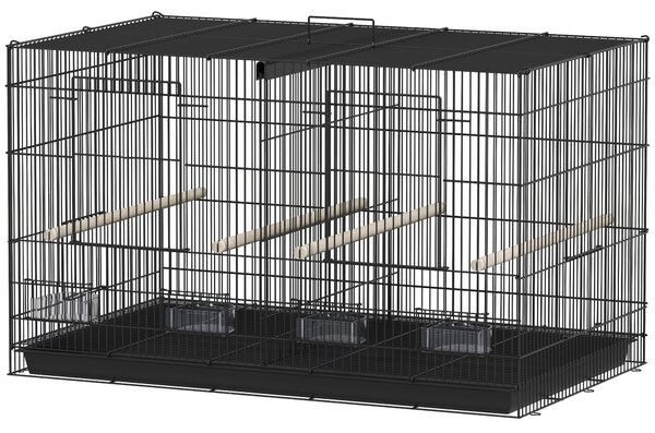 PawHut Gabbia per Uccelli con Divisore 4 Mangiatoie 4 Posatoi Vassoio Estraibile per Pappagalli Canarini Parrocchetti 76x46x46 cm Nero | Aosom Italy