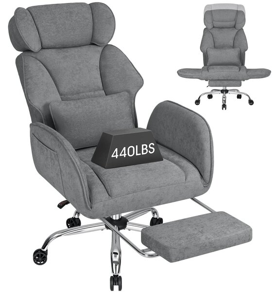 Sedia da ufficio ergonomica - Sedia da scrivania per seduta a gambe incrociate - Portata massima: 200 kg - Seduta ampia - Braccioli girevoli - Poggiapiedi - Ruote - Rivestimento in tessuto grigio