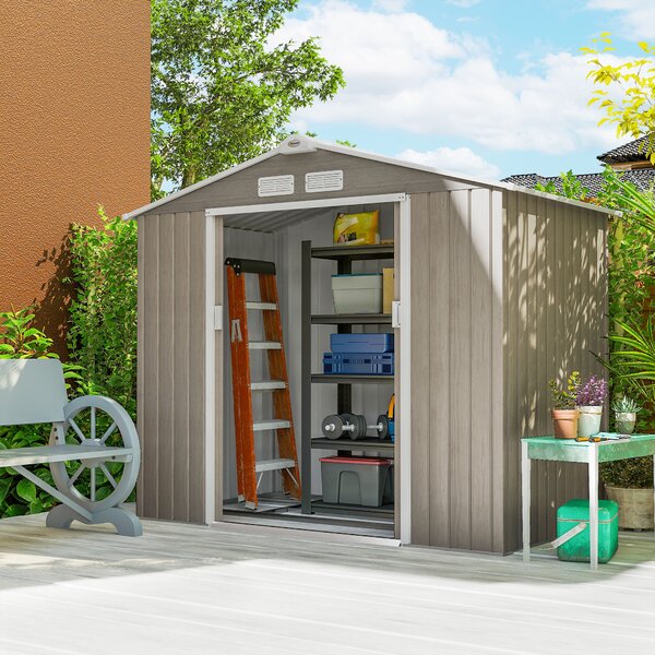 Outsunny Casetta da Giardino in Metallo con Prese d'Aria e Doppia Porta Scorrevole, 2.1x1.3m, Marrone Chiaro