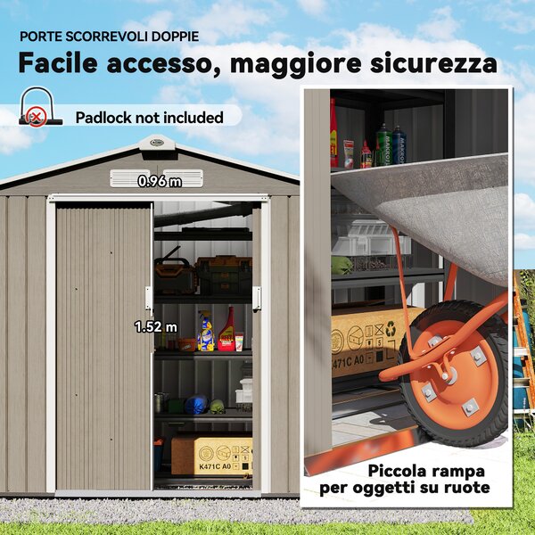 Outsunny Casetta da Giardino in Metallo con Prese d'Aria e Doppia Porta Scorrevole, 2.1x1.3m, Marrone Chiaro