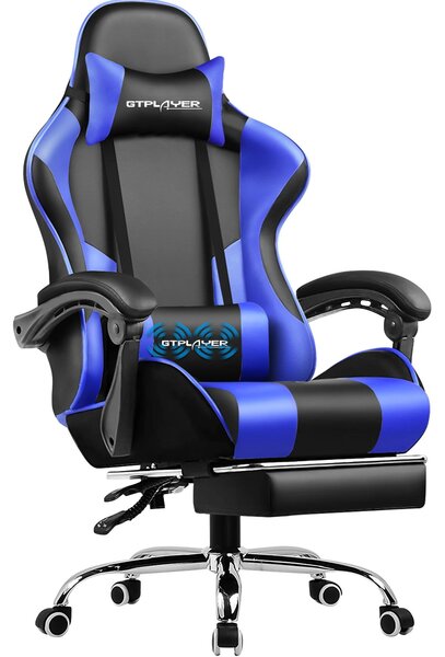 Sedia da gaming, sedia da ufficio - Sedia girevole ergonomica - Cuscino lombare massaggiante - Poggiapiedi estraibile - Regolabile in altezza - Portata massima di 150 kg - Rivestita in ecopelle blu