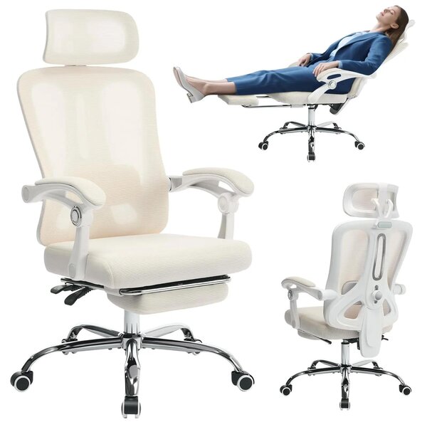 Sedia da ufficio ergonomica - sedia da scrivania e sedia da gaming - schienale alto - tessuto a rete traspirante - girevole con rotelle - seduta imbottita - struttura in metallo - color beige