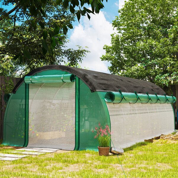 Outsunny Serra a Tunnel con rete parasole e Porta, pareti laterali a rullo, copertura in plastica e telaio in acciaio, 6x3x2 m, Verde | Aosom Italy