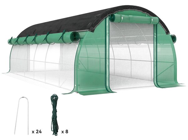 Outsunny Serra a Tunnel con rete parasole e Porta, pareti laterali a rullo, copertura in plastica e telaio in acciaio, 6x3x2 m, Verde | Aosom Italy
