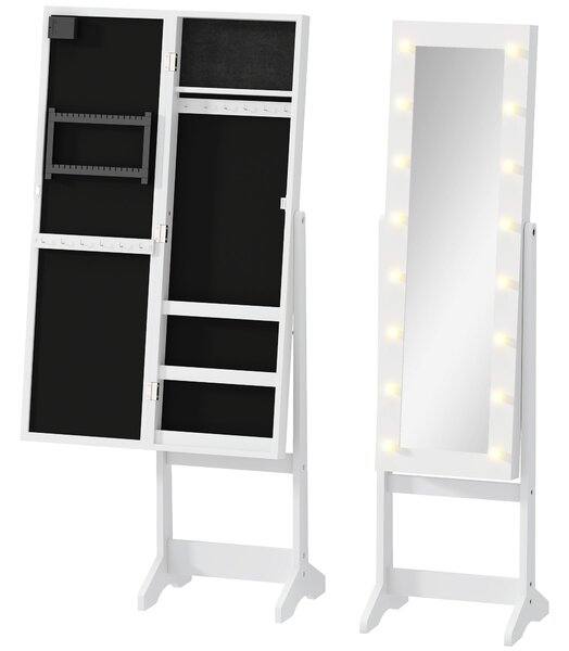 HOMCOM Armadio Portagioie Portagioielli Specchio Regolabile e Luci LED, Legno, Bianco, 36x30x136 cm|Aosom