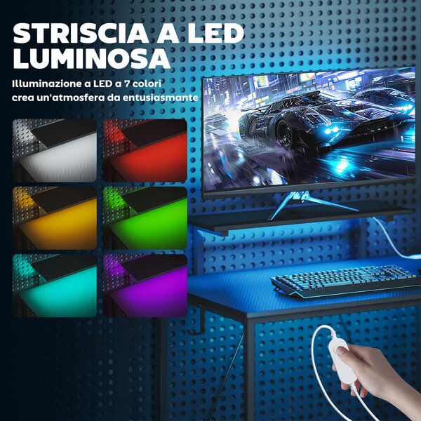 HOMCOM Scrivania Gaming Angolare con LED, Prese Elettriche, Supporto per Monitor e Scaffale, Nero | Aosom Italy