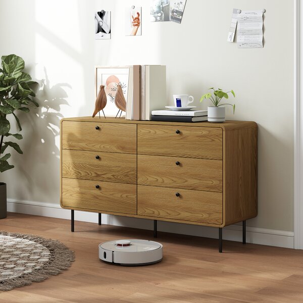 HOMCOM Cassettiera con 6 Cassetti, Mobile Contenitore Stile Moderno con Angoli Arrotondati e Gambe in Acciaio, 120x40x75 cm, Effetto Legno di Rovere | Aosom Italy