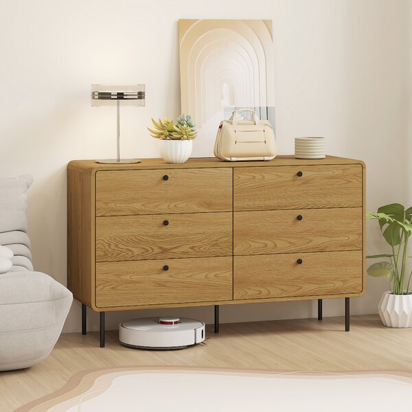 HOMCOM Cassettiera con 6 Cassetti, Mobile Contenitore Stile Moderno con Angoli Arrotondati e Gambe in Acciaio, 120x40x75 cm, Effetto Legno di Rovere | Aosom Italy