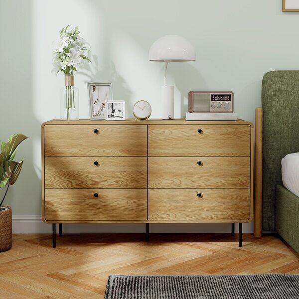 HOMCOM Cassettiera con 6 Cassetti, Mobile Contenitore Stile Moderno con Angoli Arrotondati e Gambe in Acciaio, 120x40x75 cm, Effetto Legno di Rovere | Aosom Italy