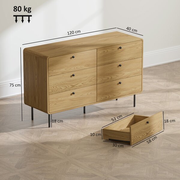 HOMCOM Cassettiera con 6 Cassetti, Mobile Contenitore Stile Moderno con Angoli Arrotondati e Gambe in Acciaio, 120x40x75 cm, Effetto Legno di Rovere | Aosom Italy