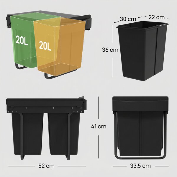 HOMCOM Pattumiera Sottolavello Estraibile, Pattumiera per Raccolta Differenziata, 2x20L, Secchi Interni Removibili, 52x33,5x41 cm, Nero | Aosom Italy