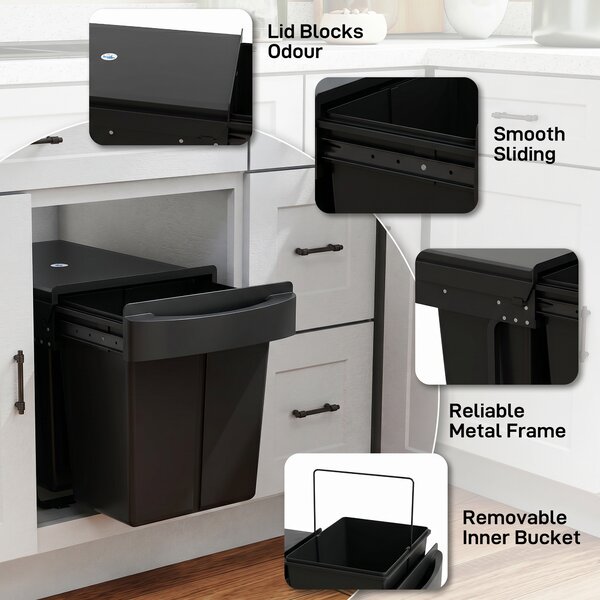HOMCOM Pattumiera Sottolavello Estraibile, Pattumiera per Raccolta Differenziata, 2x20L, Secchi Interni Removibili, 52x33,5x41 cm, Nero | Aosom Italy
