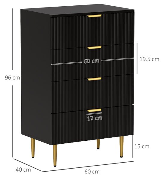 HOMCOM Cassettiera 4 cassetti, mobile contenitore moderno con maniglie e piedi dorati, dim. 60 x 40 x 96 cm, nero | Aosom Italy