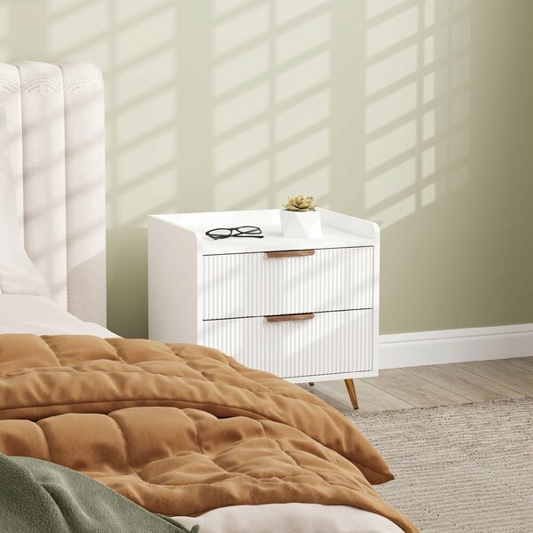 HOMCOM Comodino con 2 Cassetti Scanalati e Piedi in Metallo Dorati, 50x40x50 cm, Bianco | Aosom Italy