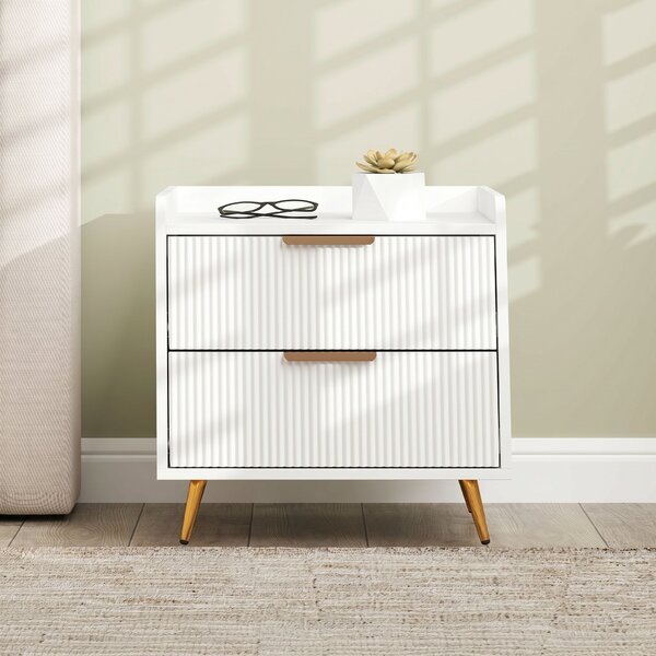 HOMCOM Comodino con 2 Cassetti Scanalati e Piedi in Metallo Dorati, 50x40x50 cm, Bianco | Aosom Italy