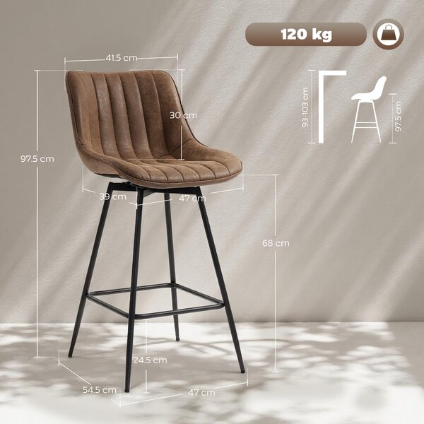 HOMCOM Set di 2 Sgabelli da Bar, Sedie da Bar in PU con Seduta Imbottita, Schienale e Poggiapiedi, 47x54,5x97,5 cm, Marrone | Aosom Italy