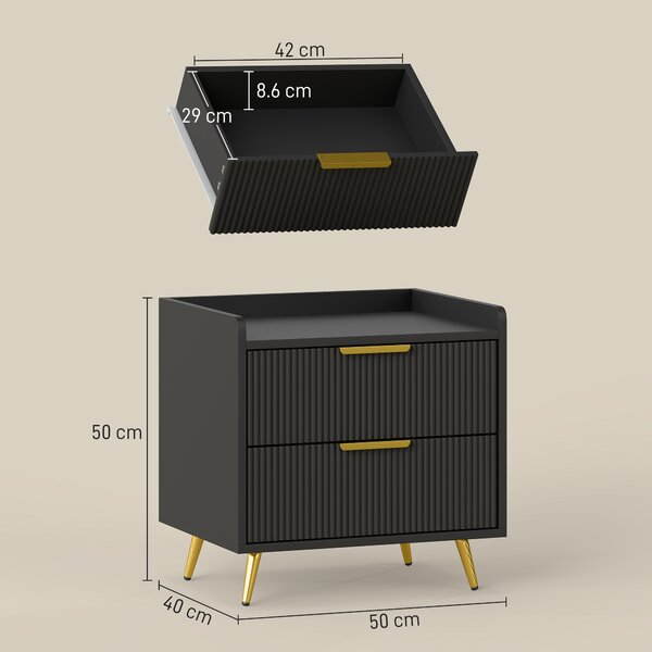 HOMCOM Comodino con 2 Cassetti Scanalati e Piedi in Metallo Dorati, 50x40x50 cm, Nero | Aosom Italy