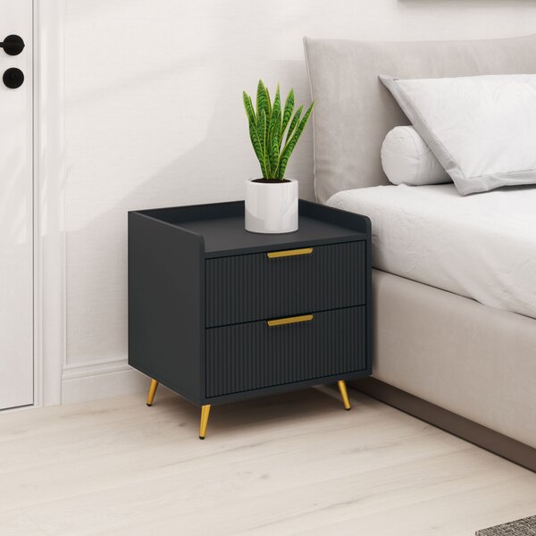 HOMCOM Comodino con 2 Cassetti Scanalati e Piedi in Metallo Dorati, 50x40x50 cm, Nero | Aosom Italy