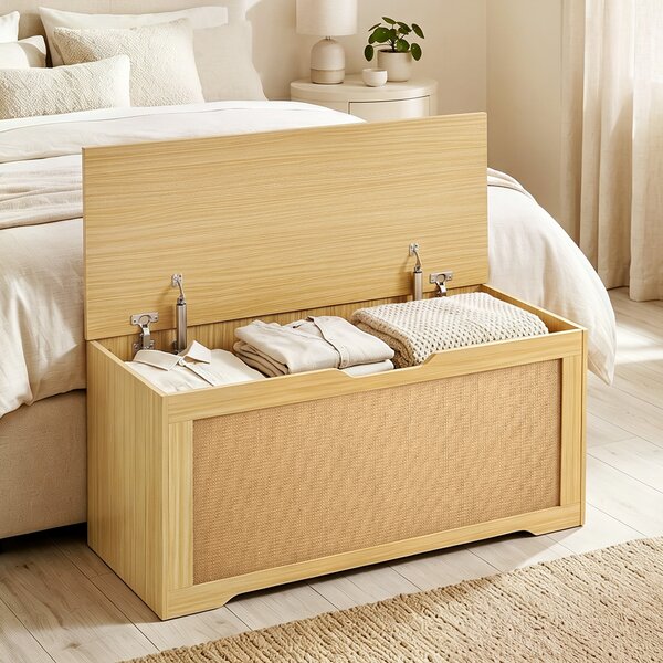 HOMCOM Panca Contenitore in Rattan 136L, Panca con Coperchio Sollevabile e 2 Cerniere di Sicurezza, Rovere | Aosom Italy