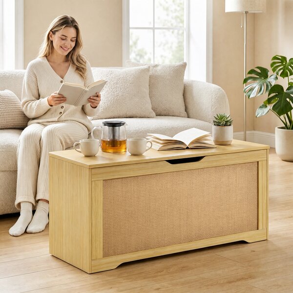 HOMCOM Panca Contenitore in Rattan 136L, Panca con Coperchio Sollevabile e 2 Cerniere di Sicurezza, Rovere | Aosom Italy
