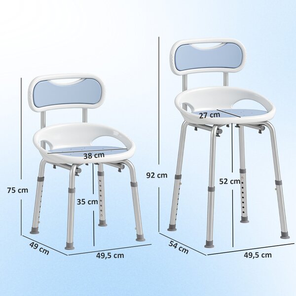 HOMCOM Sedia da Doccia con Schienale e Sedile Forato, 8 Altezza Regolabile, Antiscivolo, Portata 136kg, Azzurro | Aosom Italy