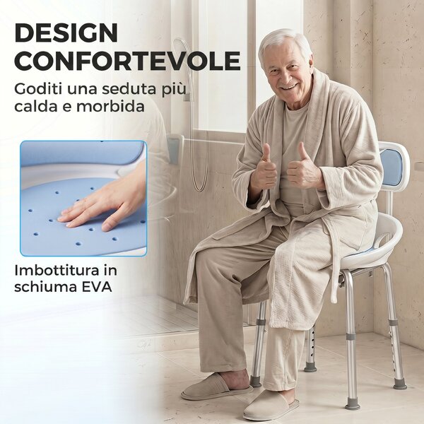 HOMCOM Sedia da Doccia con Schienale e Sedile Forato, 8 Altezza Regolabile, Antiscivolo, Portata 136kg, Azzurro | Aosom Italy