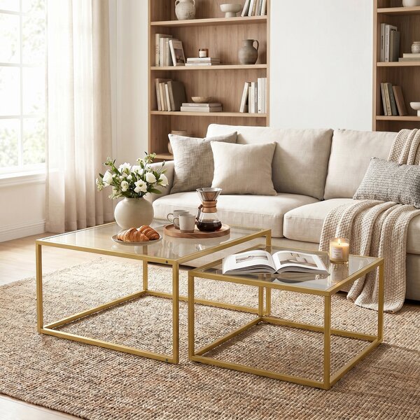 HOMCOM Set di 2 Tavolini da Salotto Quadrati, Tavolini a Nido Moderni con Piano in Vetro Temperato e Struttura Metallica, 75x75x42 cm, Dorato | Aosom Italy