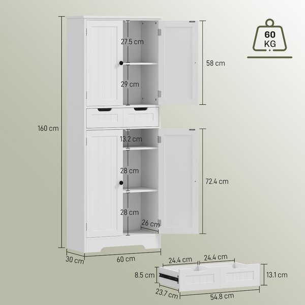 HOMCOM Mobile da Bagno, Mobile Contenitore con Cassetto e 4 Ante, Stile Moderno, 60x30x160 cm, Bianco | Aosom Italy