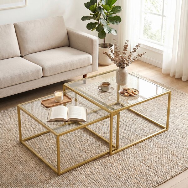 HOMCOM Set di 2 Tavolini da Salotto Quadrati, Tavolini a Nido Moderni con Piano in Vetro Temperato e Struttura Metallica, 75x75x42 cm, Dorato | Aosom Italy