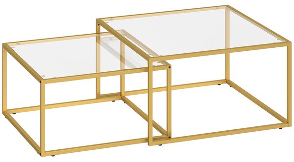 HOMCOM Set di 2 Tavolini da Salotto Quadrati, Tavolini a Nido Moderni con Piano in Vetro Temperato e Struttura Metallica, 75x75x42 cm, Dorato | Aosom Italy