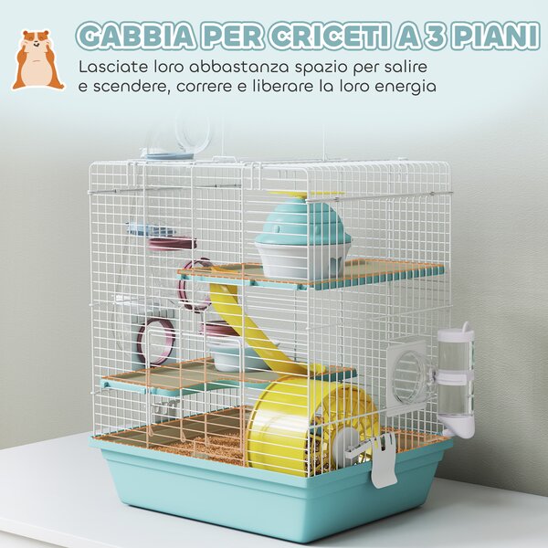 PawHut Gabbia per Criceti a 3 Livelli e 12 Tubi con Casetta, Rampa, e Accessori, in Metallo e Plastica, 34.5x27.5x41 cm, Grigio | Aosom Italy