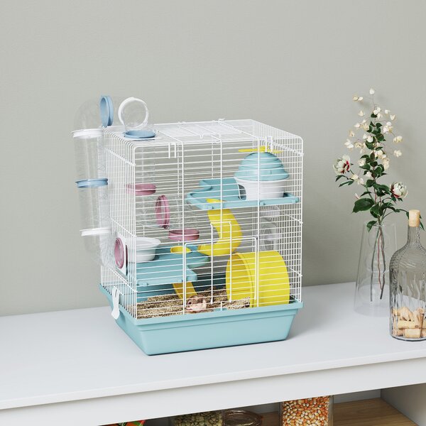 PawHut Gabbia per Criceti a 3 Livelli e 12 Tubi con Casetta, Rampa, e Accessori, in Metallo e Plastica, 34.5x27.5x41 cm, Grigio | Aosom Italy