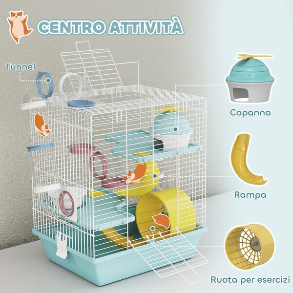 PawHut Gabbia per Criceti a 3 Livelli e 12 Tubi con Casetta, Rampa, e Accessori, in Metallo e Plastica, 34.5x27.5x41 cm, Grigio | Aosom Italy