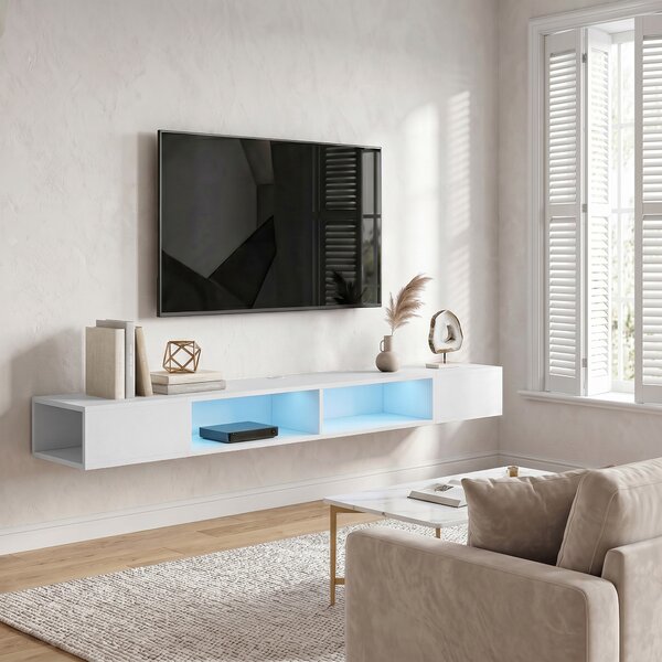 HOMCOM Mobile TV Sospeso con Luci LED e Ripiani Aperti, per Televisore 190,5 cm, 177,8x30x18 cm, Bianco | Aosom Italy