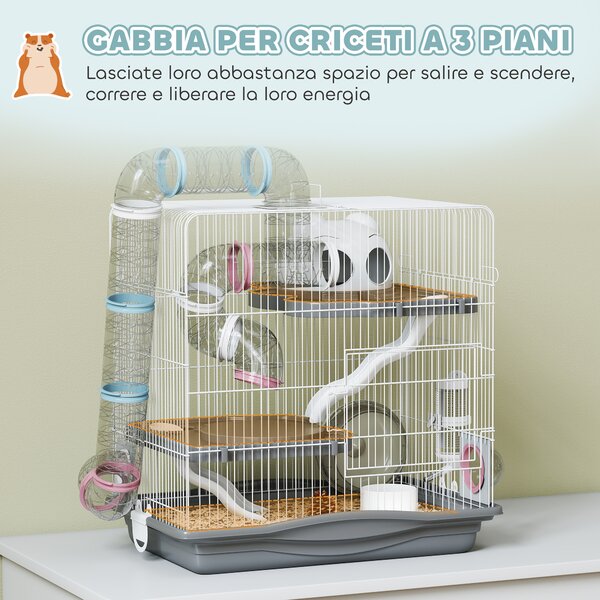 PawHut Gabbia per Criceti a 3 Livelli e 14 Tubi con Casetta, Rampa, e Accessori, in Metallo e Plastica, 45x30x45 cm, Grigio | Aosom Italy
