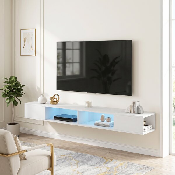 HOMCOM Mobile TV Sospeso con Luci LED e Ripiani Aperti, per Televisore 190,5 cm, 177,8x30x18 cm, Bianco | Aosom Italy