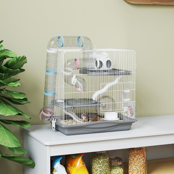 PawHut Gabbia per Criceti a 3 Livelli e 14 Tubi con Casetta, Rampa, e Accessori, in Metallo e Plastica, 45x30x45 cm, Grigio | Aosom Italy