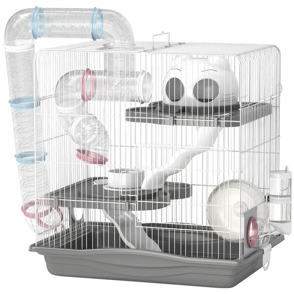 PawHut Gabbia per Criceti a 3 Livelli e 14 Tubi con Casetta, Rampa, e Accessori, in Metallo e Plastica, 45x30x45 cm, Grigio | Aosom Italy