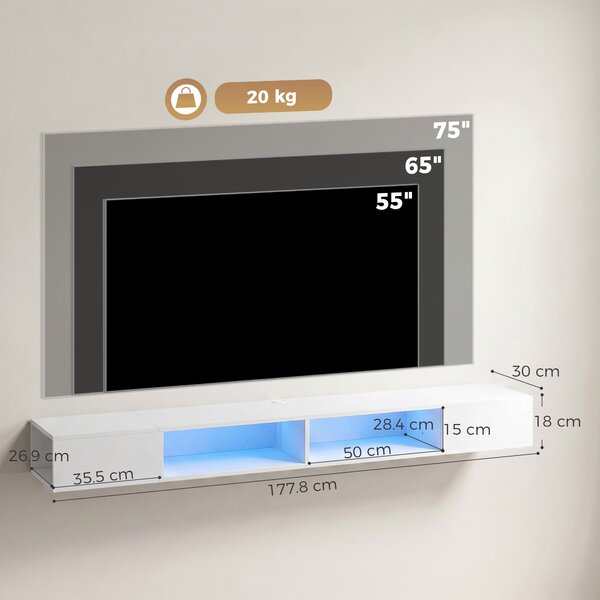 HOMCOM Mobile TV Sospeso con Luci LED e Ripiani Aperti, per Televisore 190,5 cm, 177,8x30x18 cm, Bianco | Aosom Italy