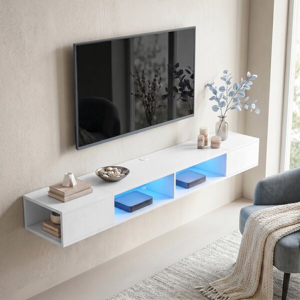 HOMCOM Mobile TV Sospeso con Luci LED e Ripiani Aperti, per Televisore 190,5 cm, 177,8x30x18 cm, Bianco | Aosom Italy