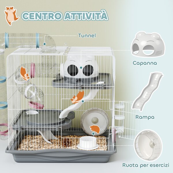 PawHut Gabbia per Criceti a 3 Livelli e 14 Tubi con Casetta, Rampa, e Accessori, in Metallo e Plastica, 45x30x45 cm, Grigio | Aosom Italy
