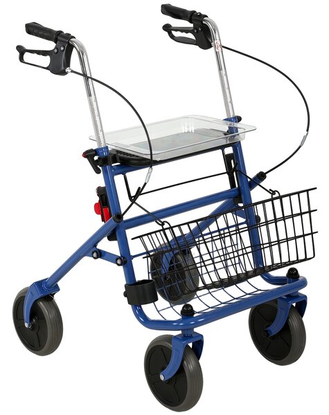 HOMCOM Deambulatore per Anziani Pieghevole con Sedile e 4 Ruote, Freni a Leva, Cestino, Vassoio e Portabastone, Altezza Regolabile, 66,5x59x97 cm, Blu | Aosom Italy