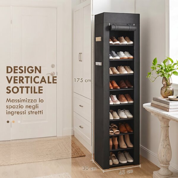 HOMCOM Scarpiera 10 Ripiani, Copertura Antipolvere, 20 Paia, 45x30x175 cm, Nero | Aosom Italy
