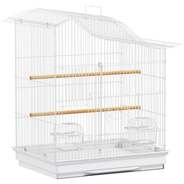PawHut Gabbia per Uccelli a 4 Porte con 2 Ciotole, 2 Posatoi e Vassoio, in Metallo e Plastica, 47.5x36x54.5 cm, Bianco | Aosom Italy