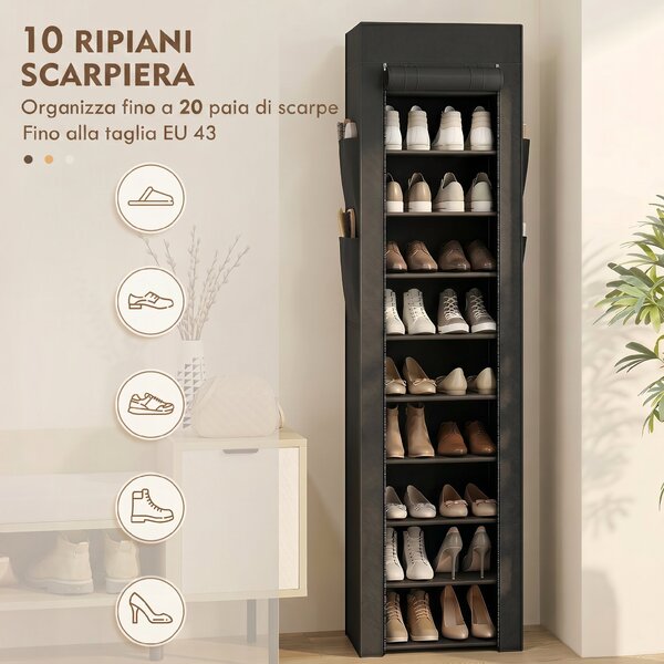 HOMCOM Scarpiera 10 Ripiani, Copertura Antipolvere, 20 Paia, 45x30x175 cm, Nero | Aosom Italy