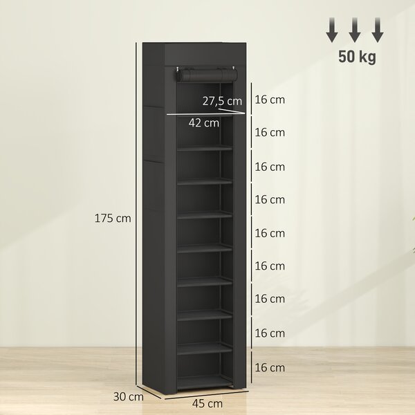 HOMCOM Scarpiera 10 Ripiani, Copertura Antipolvere, 20 Paia, 45x30x175 cm, Nero | Aosom Italy