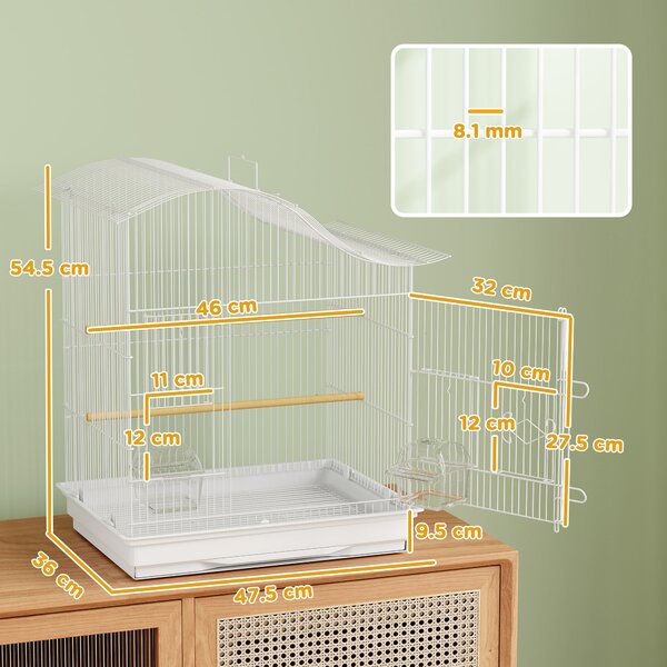 PawHut Gabbia per Uccelli a 4 Porte con 2 Ciotole, 2 Posatoi e Vassoio, in Metallo e Plastica, 47.5x36x54.5 cm, Bianco | Aosom Italy