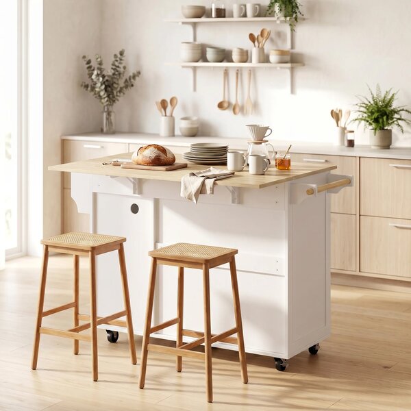 HOMCOM Isola da Cucina con Piano Estensibile, Stazione di Ricarica, Ruote, 2 Ante, 3 Cassetti, Portaspezie e Porta Asciugamani, Bianco | Aosom Italy